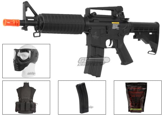 Lancer Tactical LT01B M4 Commando Carbine AEG Airsoft Rifle Platinum Combo Pack ( Black )