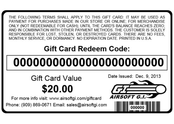 Airsoft GI Gift Card $20