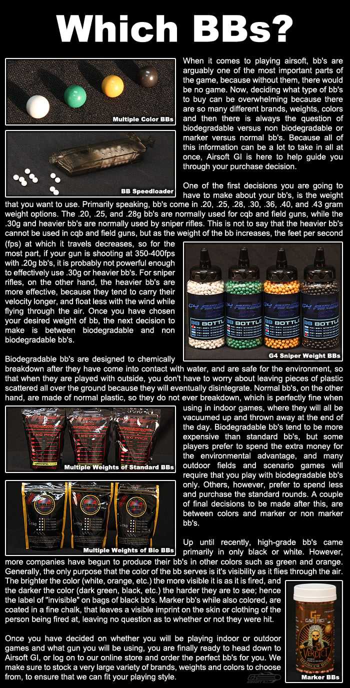 When it comes to plating airsoft, BBs are arguably one of the most important  parts of the game, because without them, there would be no game. Now deciding  what type of BBs to buy can be overwhelming because there are so many different  brands, weights, colors, and then there is always the question of biodegradable 
versus non biodegradable or marker versus normal BBs. Because all of this information can be a lot to take in all at once, Airsoft GI is here to help  guide you through your purchase decision. 

One of the first decisions you are going to have to make about your BBs, is the weight you want to use. Primarily speaking, BBs come in .20, .25, .28, .30, .36,  .40, and .43 gram weight options. The .20, .25, .28g BBs are normally used for  CQB and field guns, while the .30g and heavier BBs are normally used by sniper  rifles. This is not to sat that the heavier BBs cannot be used in cqb and field  guns, but as the weight of the BB increases, the feet per second at which it  travels decreases, so for the most part, if your gun is shooting at 350-400fps  with .20g BBs, it is probably not powerful enough to effectively to use .30g or  heavier BBs. For sniper rifles on the other hand, the heavier the BBs are more  effective, because they tend to carry their velocity longer, and float less with  the wind while flying through the air. Once you have chosen your desired weight  of BB, the next decision to make is between biodegradable  and non  biodegradable BBs. 

Biodegradable BBs are designed to chemically breakdown after they have come in  contact with water, and are safe for the environment, so that when they are  played with outside, you don't have to worry about leaving pieces of plastic  scatters all over the ground because they will eventually disintegrate. Normal  BBs, on the other hand, are made of normal plastic, so they do not ever  breakdown, which is perfectly fine when using in indoor games, where they will  be vacuumed up and thrown at the end of the day. Biodegradable BBs tend to be  more expensive than standard BBs, but some players prefer to spend the extra  money for the environmental advantage, and many outdoor fields and scenario  games will require that you play with biodegradable BBs only. Others, however,  prefer to spend less and purchase the standard rounds. A couple of final  decisions to be made after this are between colors and marker or non marker BBs.

Up until recently, high-grade BBs came primarily in only black and white.  However, more companies have begun to produce their BBs in other colors such as  green and orange. Generally, the only purpose that the color of the BB serves is  its visibility as it flies through the air. 