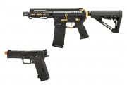 Zion Arms Full Metal R15 Short Barrel AEG Airsoft Rifle W/ ETU & Agency Arms EXA GBB Airsoft Pistol Combo (Black & Gold)