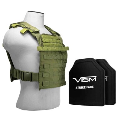 VISM Fast Plate Carrier with 11X14 LEVEL III+ PE Shooters Cut Hard Ballistic Plates ( Green )