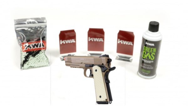 KWA 1911 MKII PTP - DARK EARTH with 3 targets, 1000rd BB, & green gas