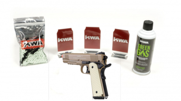 KWA 1911 MKII PTP - DARK EARTH with 12 targets, 1000rd BB, & green gas