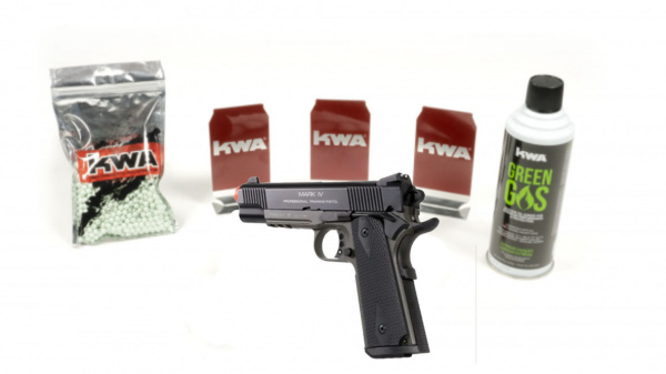 KWA 1911 MK IV PTP - BLACK with 12 targets, 1000rd BB, & green gas