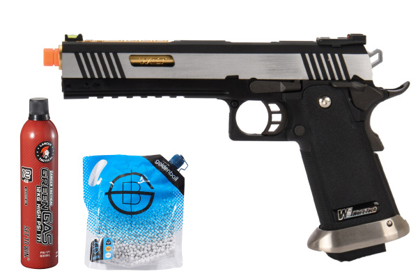 WE Tech Hi-Capa 6" I-Rex Competition Full Auto GBB Airsoft Pistol Green Gas Combo (Black/Silver/Gold)