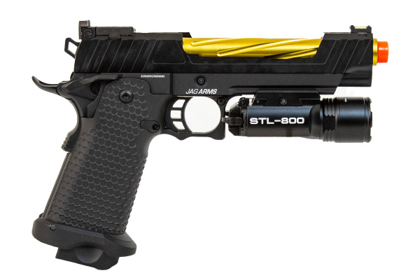 JAG Arms 5.1 GMX 1G Gas Blow Back Airsoft Pistol Flashlight Package ( Black/Gold )