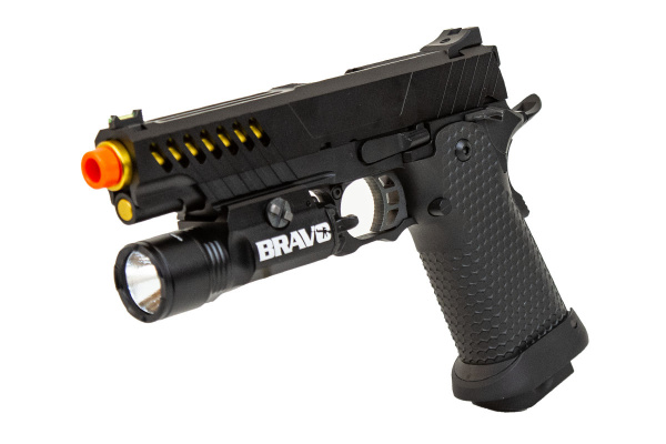 JAG Arms 5.1 GMX 2G Gas Blow Back Airsoft Pistol Flashlight Package ( Black / Gold )