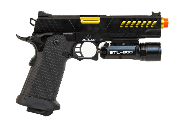 JAG Arms 5.1 GMX 2G Gas Blow Back Airsoft Pistol Flashlight Package ( Black / Gold )